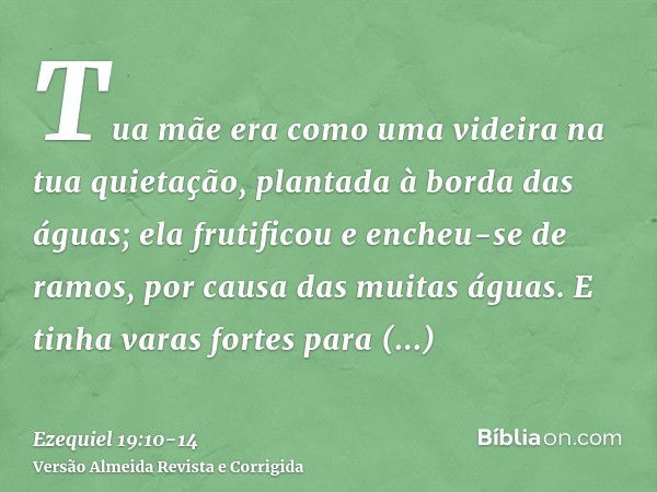 Tua mãe era como uma videira na tua quietação, plantada à borda das águas; ela frutificou e encheu-se de ramos, por causa das muitas águas.E tinha varas fortes 