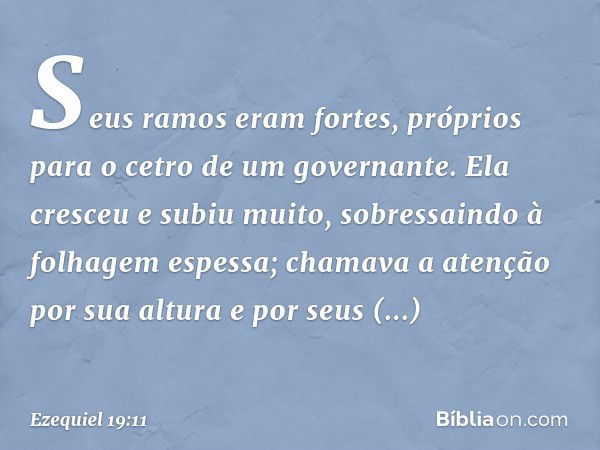 Seus ramos eram fortes,
próprios para o cetro
de um governante.
Ela cresceu e subiu muito,
sobressaindo
à folhagem espessa;
chamava a atenção por sua altura
e p