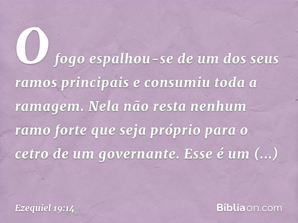 O fogo espalhou-se de um
dos seus ramos principais
e consumiu toda a ramagem.
Nela não resta nenhum ramo forte
que seja próprio para o cetro
de um governante.
E