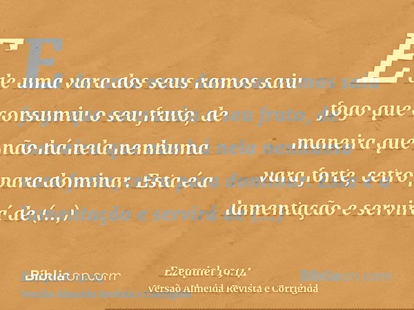 E de uma vara dos seus ramos saiu fogo que consumiu o seu fruto, de maneira que não há nela nenhuma vara forte, cetro para dominar. Esta é a lamentação e servir