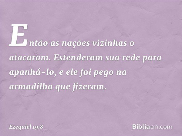 Então as nações vizinhas
o atacaram.
Estenderam sua rede para apanhá-lo,
e ele foi pego na armadilha que fizeram. -- Ezequiel 19:8