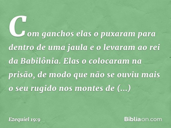 Com ganchos elas o puxaram
para dentro de uma jaula
e o levaram ao rei da Babilônia.
Elas o colocaram na prisão,
de modo que não se ouviu mais
o seu rugido
nos 