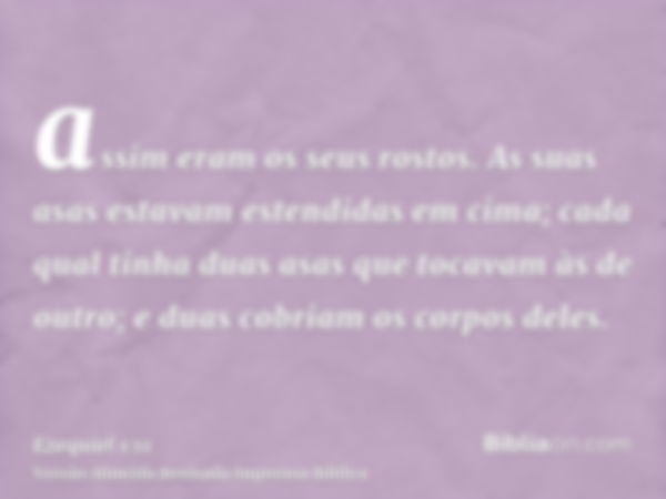 assim eram os seus rostos. As suas asas estavam estendidas em cima; cada qual tinha duas asas que tocavam às de outro; e duas cobriam os corpos deles.