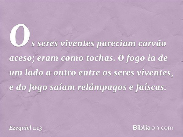 Os seres viventes pareciam carvão aceso; eram como tochas. O fogo ia de um lado a outro entre os seres viventes, e do fogo saíam relâmpagos e faíscas. -- Ezequi