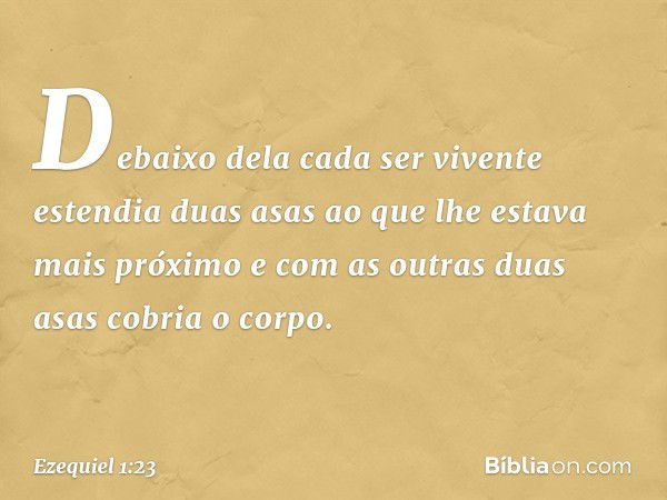 De­baixo dela cada ser vivente estendia duas asas ao que lhe estava mais próximo e com as outras duas asas cobria o corpo. -- Ezequiel 1:23