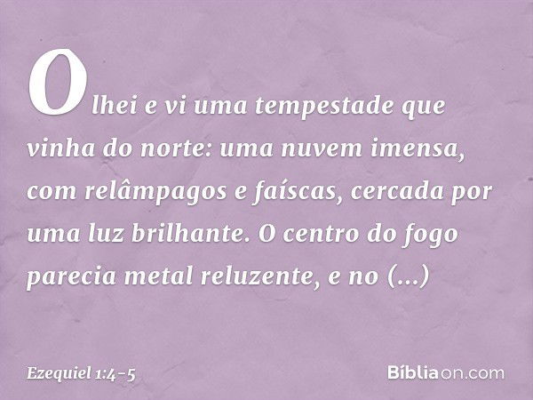 Olhei e vi uma tempestade que vinha do norte: uma nuvem imensa, com relâmpagos e faíscas, cercada por uma luz brilhante. O centro do fogo parecia metal reluzent