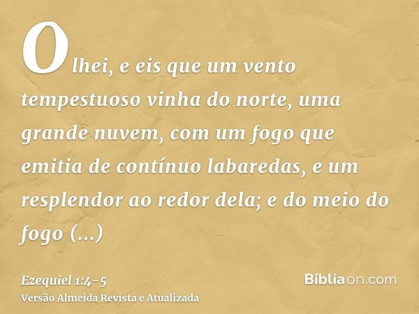 Olhei, e eis que um vento tempestuoso vinha do norte, uma grande nuvem, com um fogo que emitia de contínuo labaredas, e um resplendor ao redor dela; e do meio d