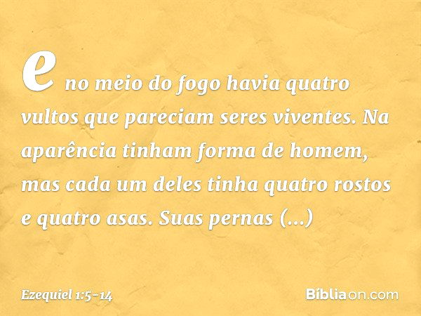 e no meio do fogo havia quatro vultos que pareciam seres viventes. Na aparência tinham forma de ho­mem, mas cada um deles tinha quatro rostos e quatro asas. Sua