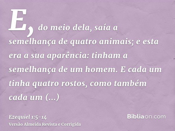 E, do meio dela, saía a semelhança de quatro animais; e esta era a sua aparência: tinham a semelhança de um homem.E cada um tinha quatro rostos, como também cad