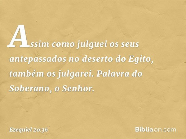 Assim como julguei os seus antepassados no deserto do Egito, também os julgarei. Palavra do Soberano, o Senhor. -- Ezequiel 20:36