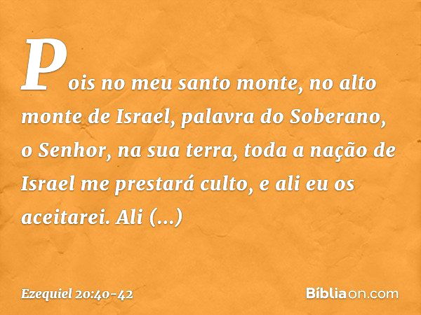 Pois no meu santo monte, no alto monte de Israel, palavra do Soberano, o Senhor, na sua terra, toda a nação de Israel me prestará culto, e ali eu os aceitarei. 