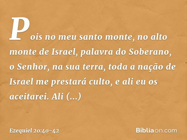 Pois no meu santo monte, no alto monte de Israel, palavra do Soberano, o Senhor, na sua terra, toda a nação de Israel me prestará culto, e ali eu os aceitarei. 