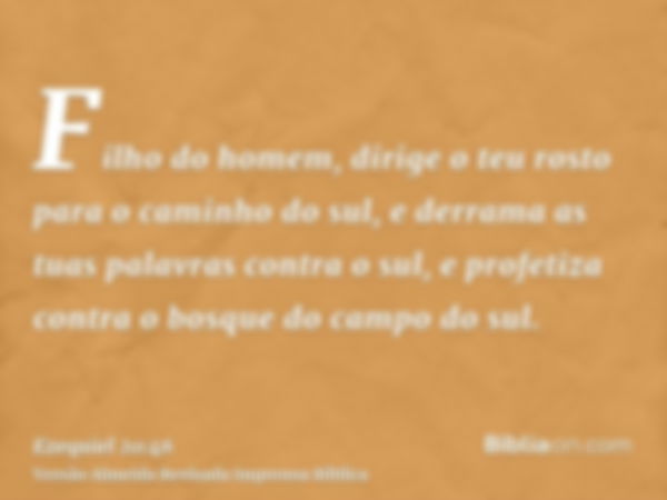 Filho do homem, dirige o teu rosto para o caminho do sul, e derrama as tuas palavras contra o sul, e profetiza contra o bosque do campo do sul.