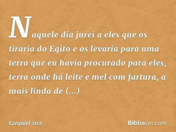 Naquele dia jurei a eles que os tiraria do Egito e os levaria para uma terra que eu havia procurado para eles, terra onde há leite e mel com fartura, a mais lin