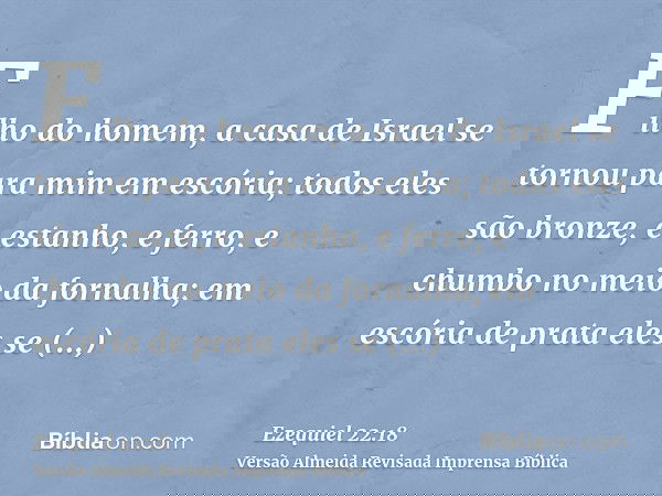 Filho do homem, a casa de Israel se tornou para mim em escória; todos eles são bronze, e estanho, e ferro, e chumbo no meio da fornalha; em escória de prata ele