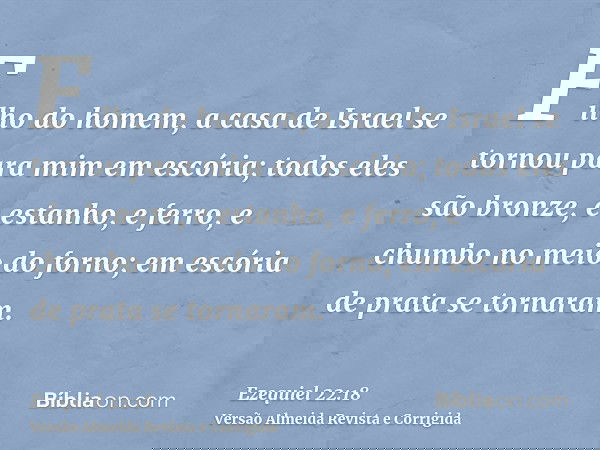 Filho do homem, a casa de Israel se tornou para mim em escória; todos eles são bronze, e estanho, e ferro, e chumbo no meio do forno; em escória de prata se tor