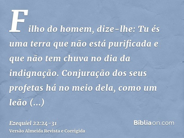 Filho do homem, dize-lhe: Tu és uma terra que não está purificada e que não tem chuva no dia da indignação.Conjuração dos seus profetas há no meio dela, como um