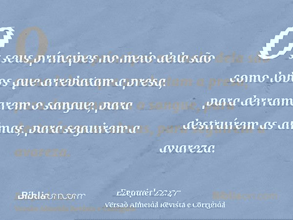 Os seus príncipes no meio dela são como lobos que arrebatam a presa, para derramarem o sangue, para destruírem as almas, para seguirem a avareza.