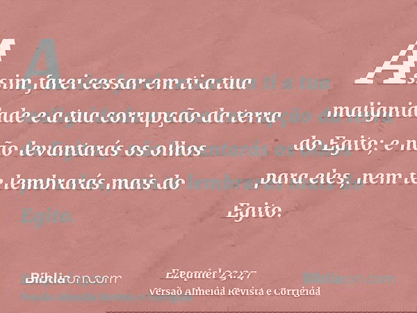 Assim farei cessar em ti a tua malignidade e a tua corrupção da terra do Egito; e não levantarás os olhos para eles, nem te lembrarás mais do Egito.