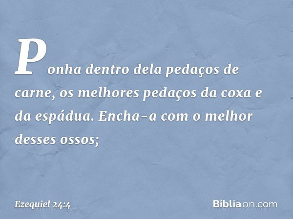 Ponha dentro dela pedaços de carne,
os melhores pedaços
da coxa e da espádua.
Encha-a com o melhor desses ossos; -- Ezequiel 24:4