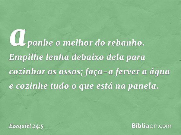 apanhe o melhor do rebanho.
Empilhe lenha debaixo dela
para cozinhar os ossos;
faça-a ferver a água e cozinhe tudo
o que está na panela. -- Ezequiel 24:5