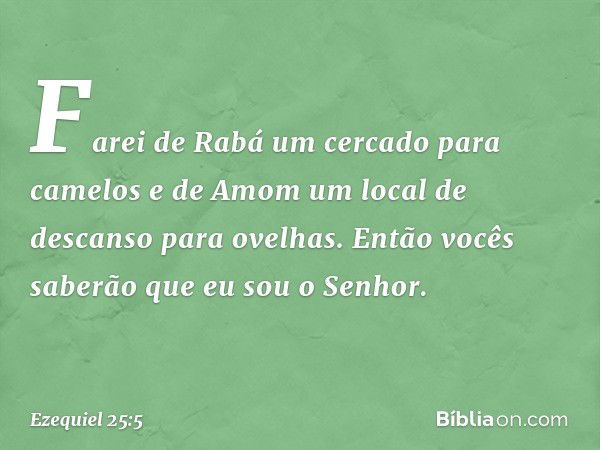 Farei de Rabá um cercado para camelos e de Amom um local de descanso para ovelhas. Então vocês saberão que eu sou o Senhor. -- Ezequiel 25:5