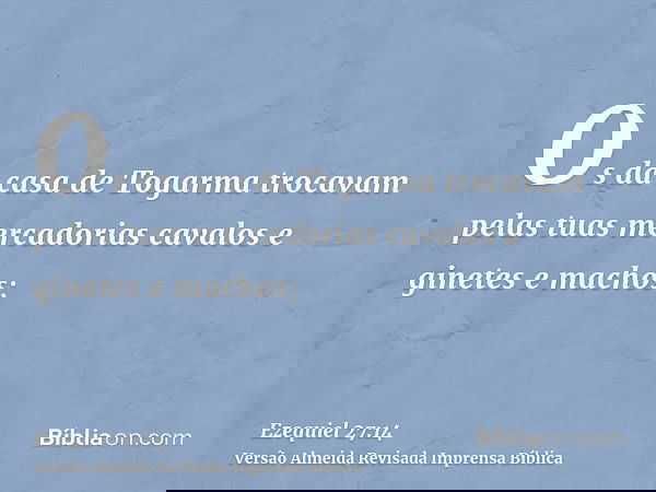 Os da casa de Togarma trocavam pelas tuas mercadorias cavalos e ginetes e machos;