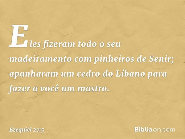 Eles fizeram todo o seu madeiramento
com pinheiros de Senir;
apanharam um cedro do Líbano
para fazer a você um mastro. -- Ezequiel 27:5