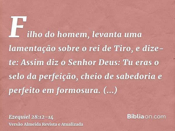 Filho do homem, levanta uma lamentação sobre o rei de Tiro, e dize-te: Assim diz o Senhor Deus: Tu eras o selo da perfeição, cheio de sabedoria e perfeito em fo