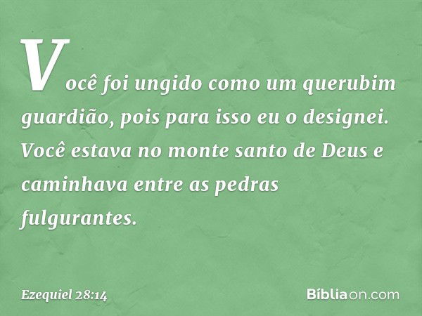 Você foi ungido
como um querubim guar­dião,
pois para isso eu o designei.
Você estava no monte santo de Deus
e caminhava entre as pedras
fulgurantes. -- Ezequie