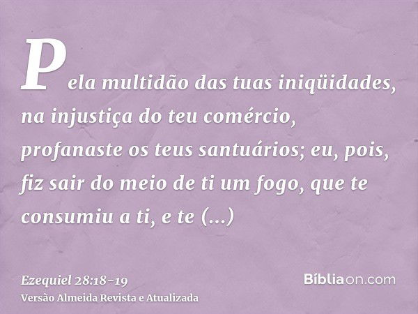 Pela multidão das tuas iniqüidades, na injustiça do teu comércio, profanaste os teus santuários; eu, pois, fiz sair do meio de ti um fogo, que te consumiu a ti,