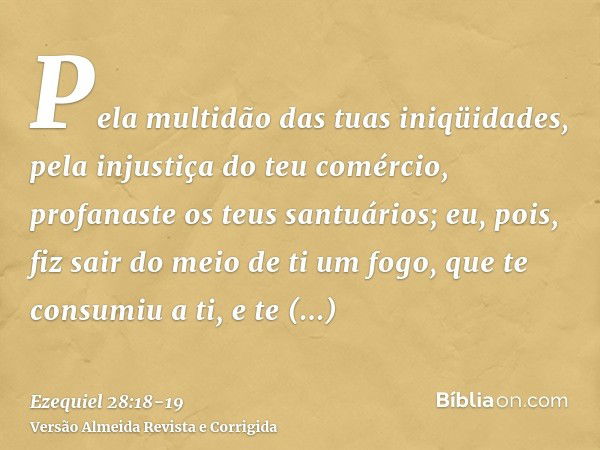 Pela multidão das tuas iniqüidades, pela injustiça do teu comércio, profanaste os teus santuários; eu, pois, fiz sair do meio de ti um fogo, que te consumiu a t