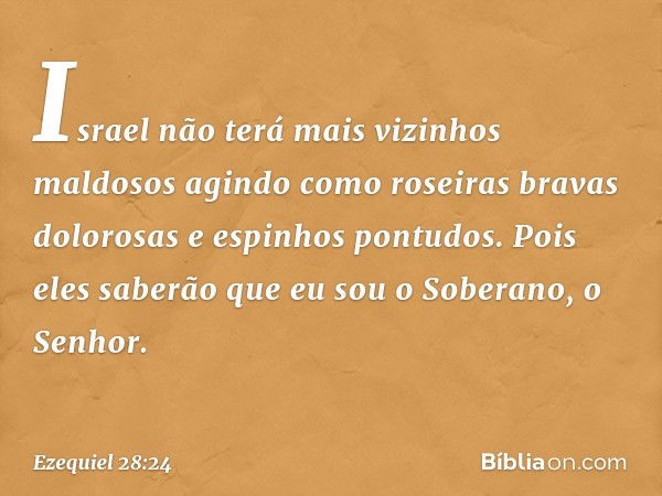 "Israel não terá mais vizinhos maldosos agindo como roseiras bravas dolorosas e espinhos pontudos. Pois eles saberão que eu sou o Soberano, o Senhor. -- Ezequie