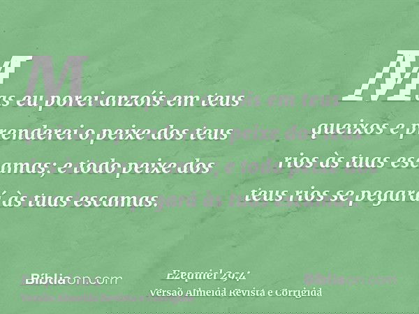Mas eu porei anzóis em teus queixos e prenderei o peixe dos teus rios às tuas escamas; e todo peixe dos teus rios se pegará às tuas escamas.