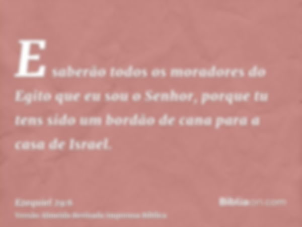 E saberão todos os moradores do Egito que eu sou o Senhor, porque tu tens sido um bordão de cana para a casa de Israel.