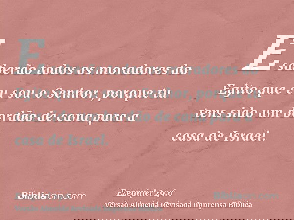 E saberão todos os moradores do Egito que eu sou o Senhor, porque tu tens sido um bordão de cana para a casa de Israel.
