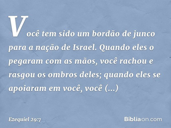 "Você tem sido um bordão de junco para a nação de Israel.
Quando eles o pegaram com as mãos, você rachou e rasgou os ombros deles; quando eles se apoiaram em vo