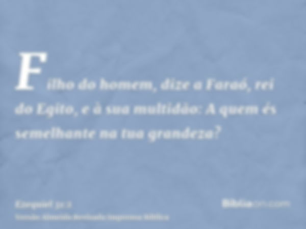 Filho do homem, dize a Faraó, rei do Egito, e à sua multidão: A quem és semelhante na tua grandeza?