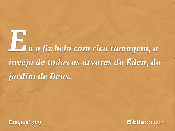 Eu o fiz belo com rica ramagem,
a inveja de todas as árvores do Éden,
do jardim de Deus. -- Ezequiel 31:9