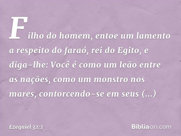 "Filho do homem, entoe um lamento a respeito do faraó, rei do Egito, e diga-lhe:
"Você é como um leão entre as nações,
como um monstro nos mares,
contorcendo-se