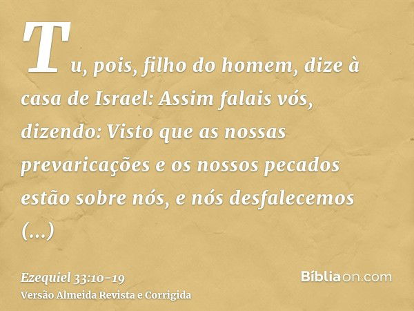 Tu, pois, filho do homem, dize à casa de Israel: Assim falais vós, dizendo: Visto que as nossas prevaricações e os nossos pecados estão sobre nós, e nós desfale