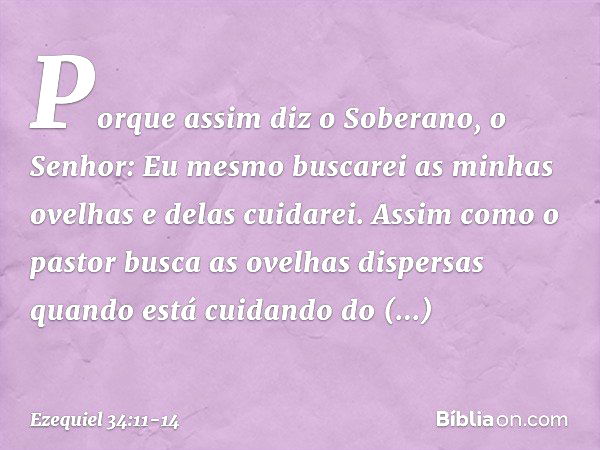 "Porque assim diz o Soberano, o Senhor: Eu mesmo buscarei as minhas ovelhas e delas cuidarei. Assim como o pastor busca as ovelhas dispersas quando está cuidand