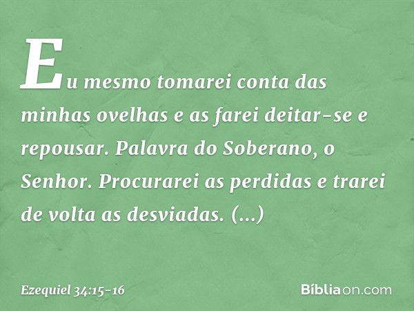 Eu mesmo tomarei conta das minhas ovelhas e as farei deitar-se e repousar. Palavra do Soberano, o Senhor. Procurarei as perdidas e trarei de volta as desviadas.