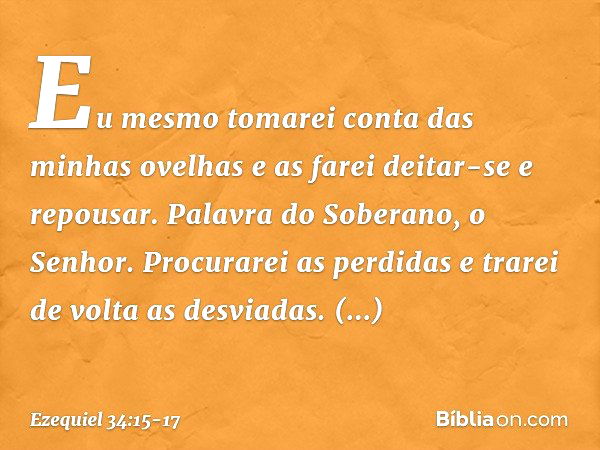 Eu mesmo tomarei conta das minhas ovelhas e as farei deitar-se e repousar. Palavra do Soberano, o Senhor. Procurarei as perdidas e trarei de volta as desviadas.