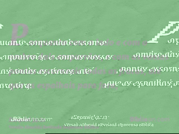 Porquanto com o lado e com o ombro dais empurrões, e com as vossas pontas escorneais todas as fracas, até que as espalhais para fora,