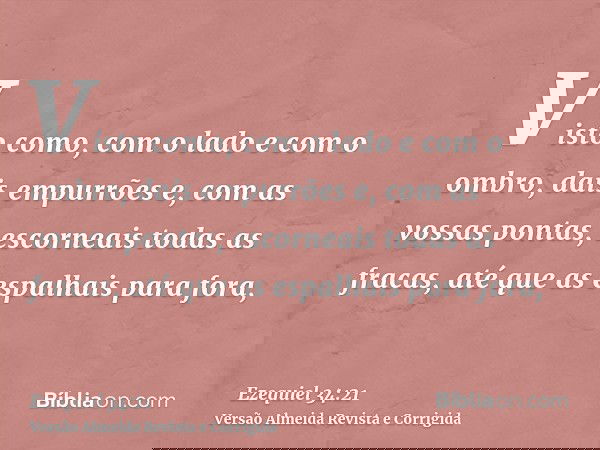 Visto como, com o lado e com o ombro, dais empurrões e, com as vossas pontas, escorneais todas as fracas, até que as espalhais para fora,