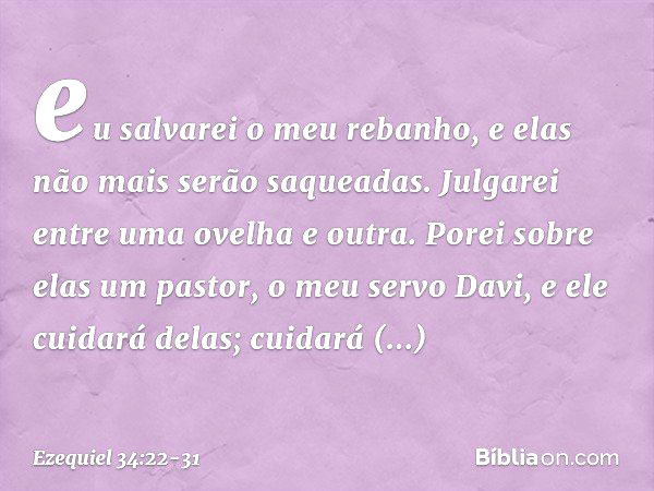 eu salvarei o meu rebanho, e elas não mais serão saqueadas. Julgarei entre uma ovelha e outra. Porei sobre elas um pastor, o meu servo Davi, e ele cuidará delas