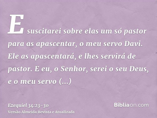 E suscitarei sobre elas um só pastor para as apascentar, o meu servo Davi. Ele as apascentará, e lhes servirá de pastor.E eu, o Senhor, serei o seu Deus, e o me