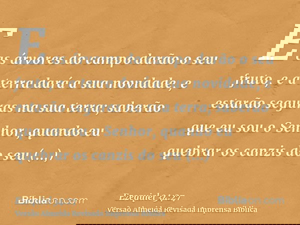 E as árvores do campo darão o seu fruto, e a terra dará a sua novidade, e estarão seguras na sua terra; saberão que eu sou o Senhor, quando eu quebrar os canzis