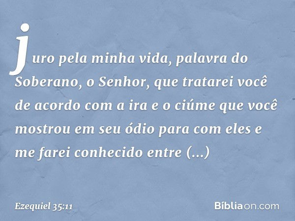 juro pela minha vida, palavra do Soberano, o Senhor, que tratarei você de acordo com a ira e o ciúme que você mostrou em seu ódio para com eles e me farei conhe